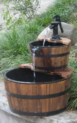 Wood Barrel with Pump Outdoor Water Fountain - Medium Size Garden ...