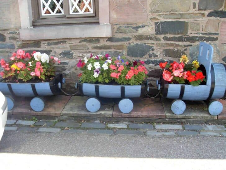Recycled Barrels into a Train Planter 10 - Flowers & Plants